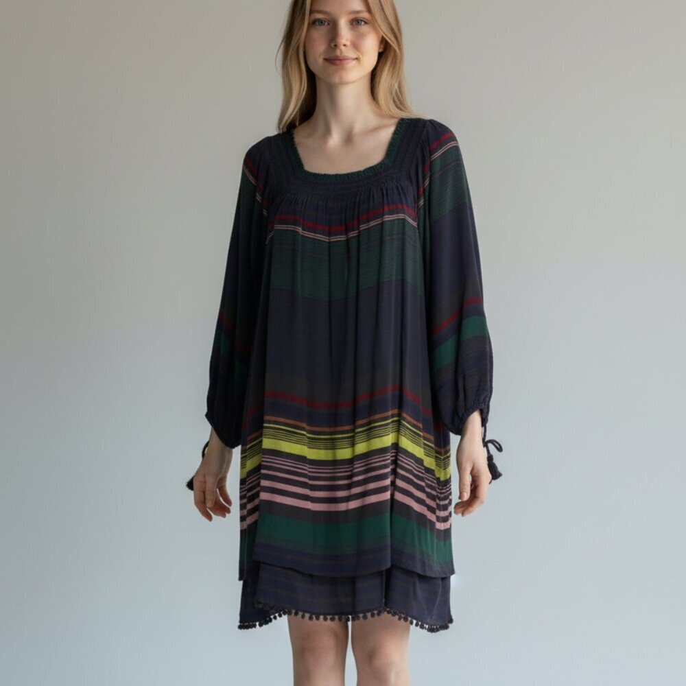 Apiece Apart Silk Boho Tent Dress XS Oversized Striped Square Neck Long Sleeve